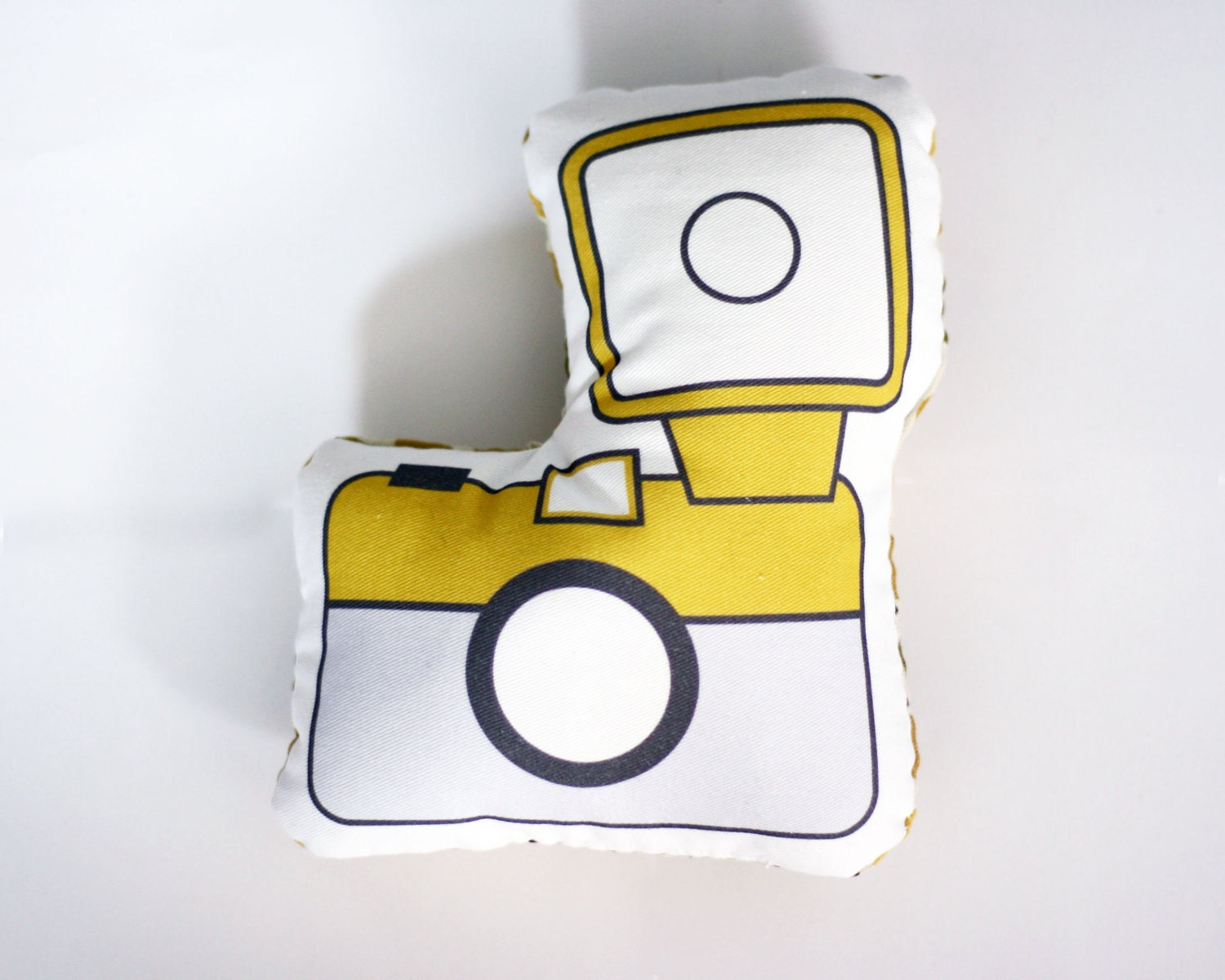 Camera Pillow Plush / Mustard Yellow and Gray by Yellow Heart Art
