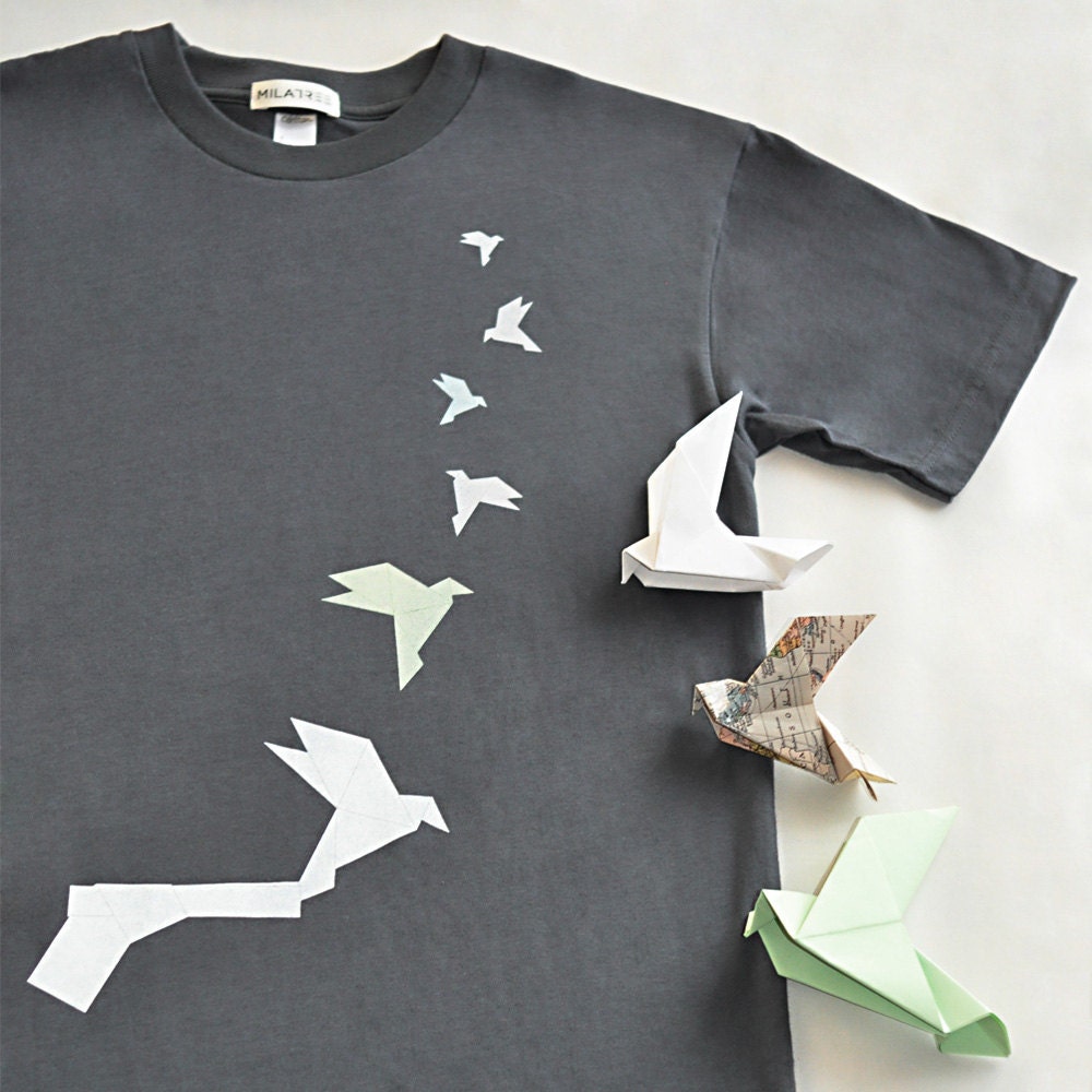 War Cycles, Peace Cycles, Dove Origami Tshirt, Men/Unisex in Grey, Organic Cotton Tee