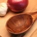 Large wooden spoon for dipping pancake batter of salvaged Pear wood