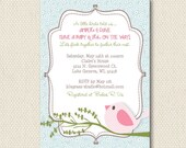 custom birthday party invitation, baby shower invitation - cute birdie (more color choices)