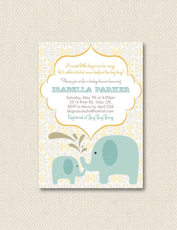 custom birthday party invitation, baby shower invitation - little elephant