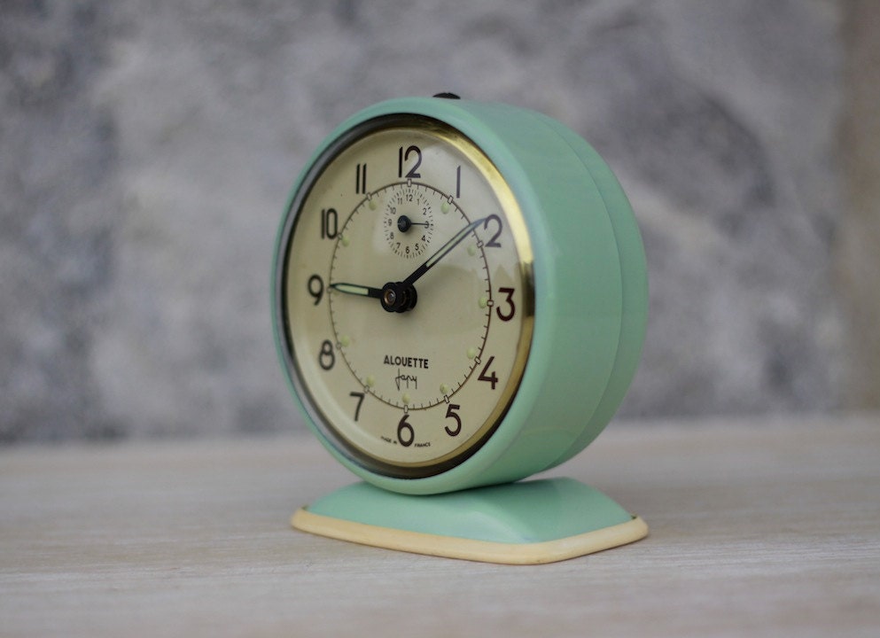 Vintage French Japy Green Alarm Clock 50's Retro/ Mid Century