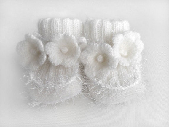 Hand Knitted Baby Booties with Crochet Bell Flowers - Snow White, 0 - 3 months