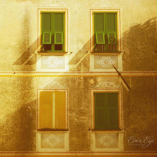 Golden Hour - Green Shutters, An Italian Building With Damask Adornments  Photograph 8x8