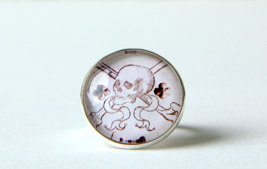 Skull Photo Cocktail Ring - Adjustable, Black, White, Silver Plated, Wearable Art, Campo Santo, Pisa, Italy, Halloween, October
