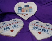 3 Heart Shaped Americana Completed Cross Stitch Designs  Sampler  Welcome  Row Houses Crafting Christmas Ornaments
