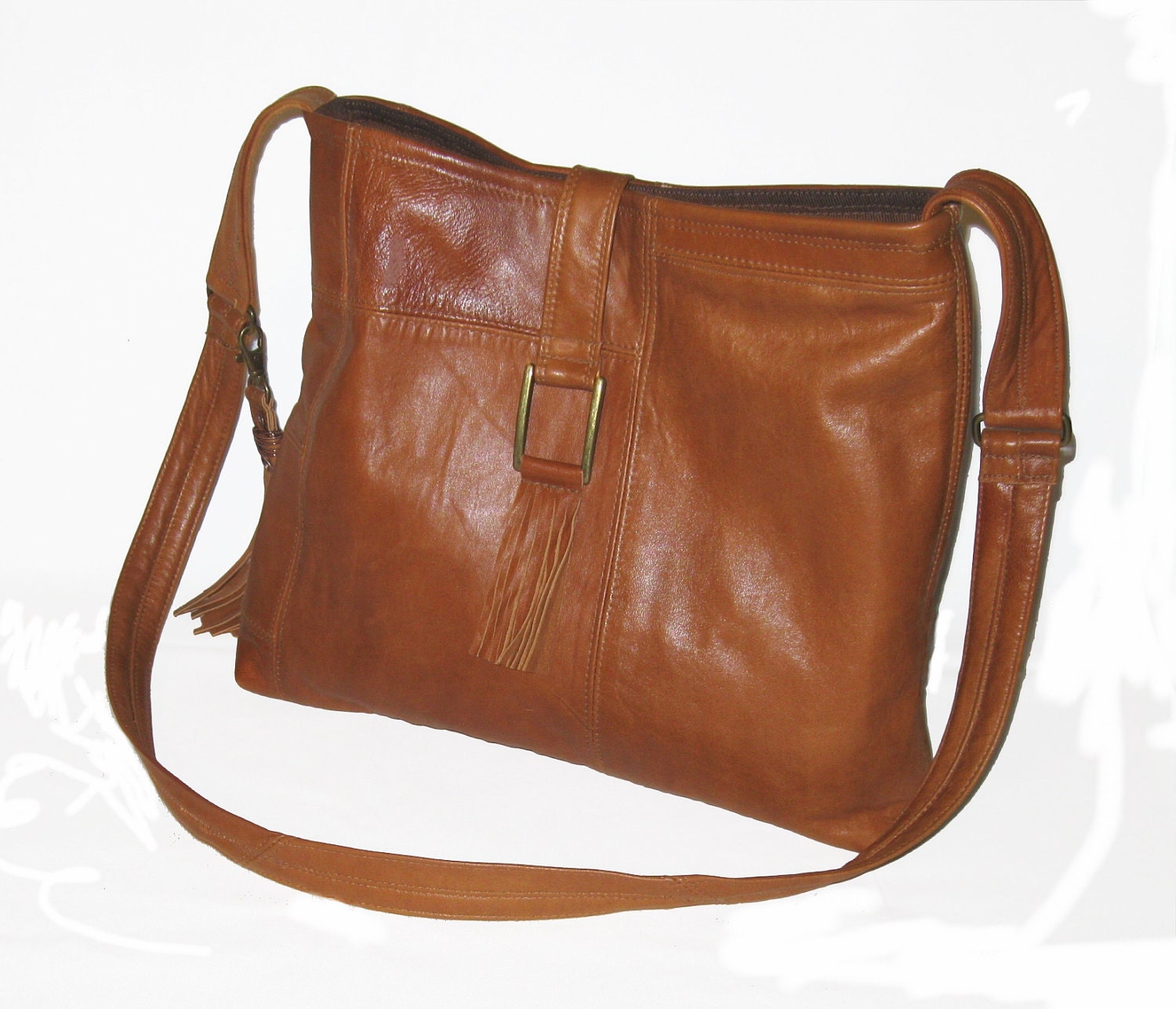 Reserved for Lisa - Recycled Leather Handbag in Deep Caramel Brown with 2 Tassels - Upcycled Leather Bag
