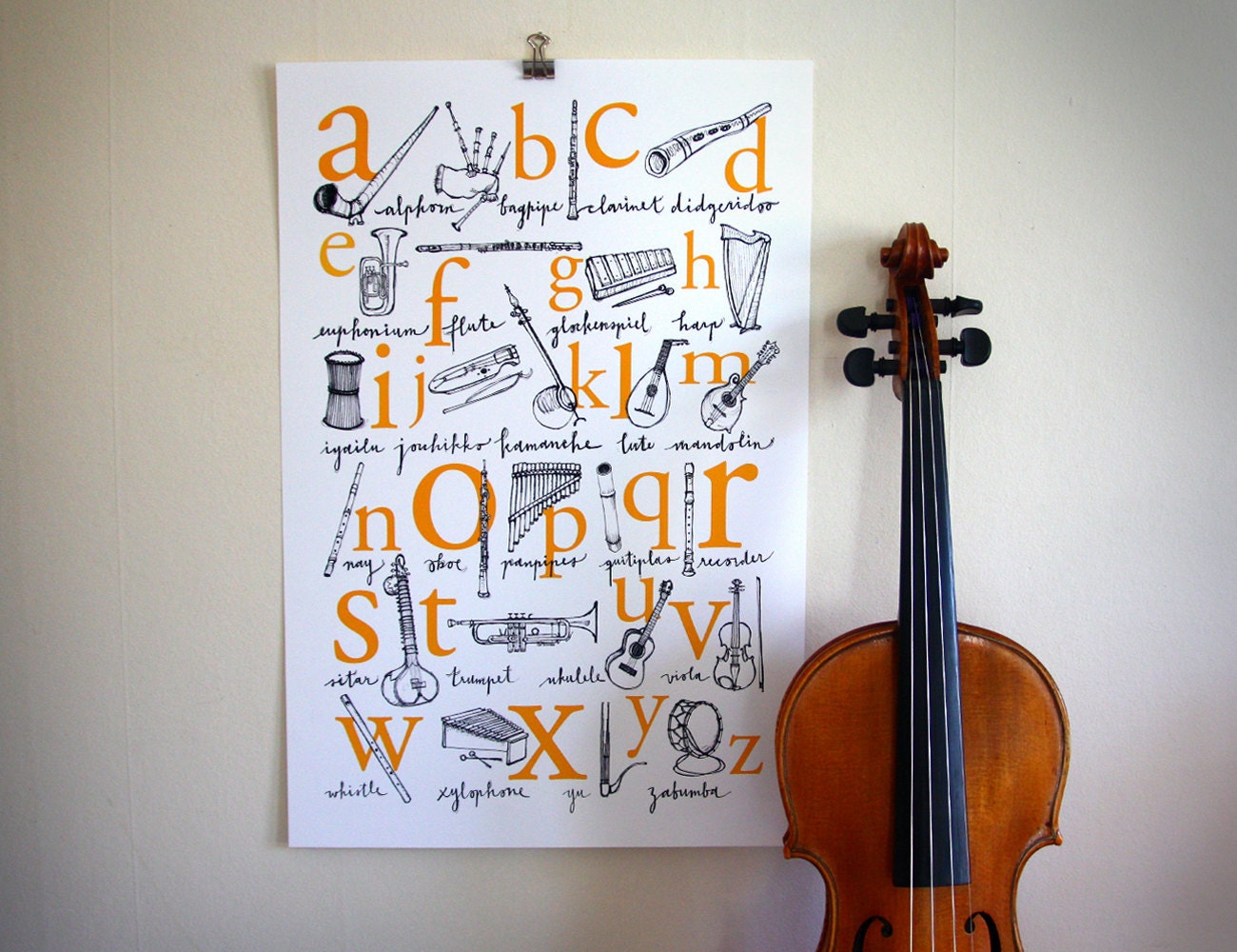 Alphabet Poster: A to Z of Musical Instruments - 13x19, 12x18 Illustrated Print in four colors