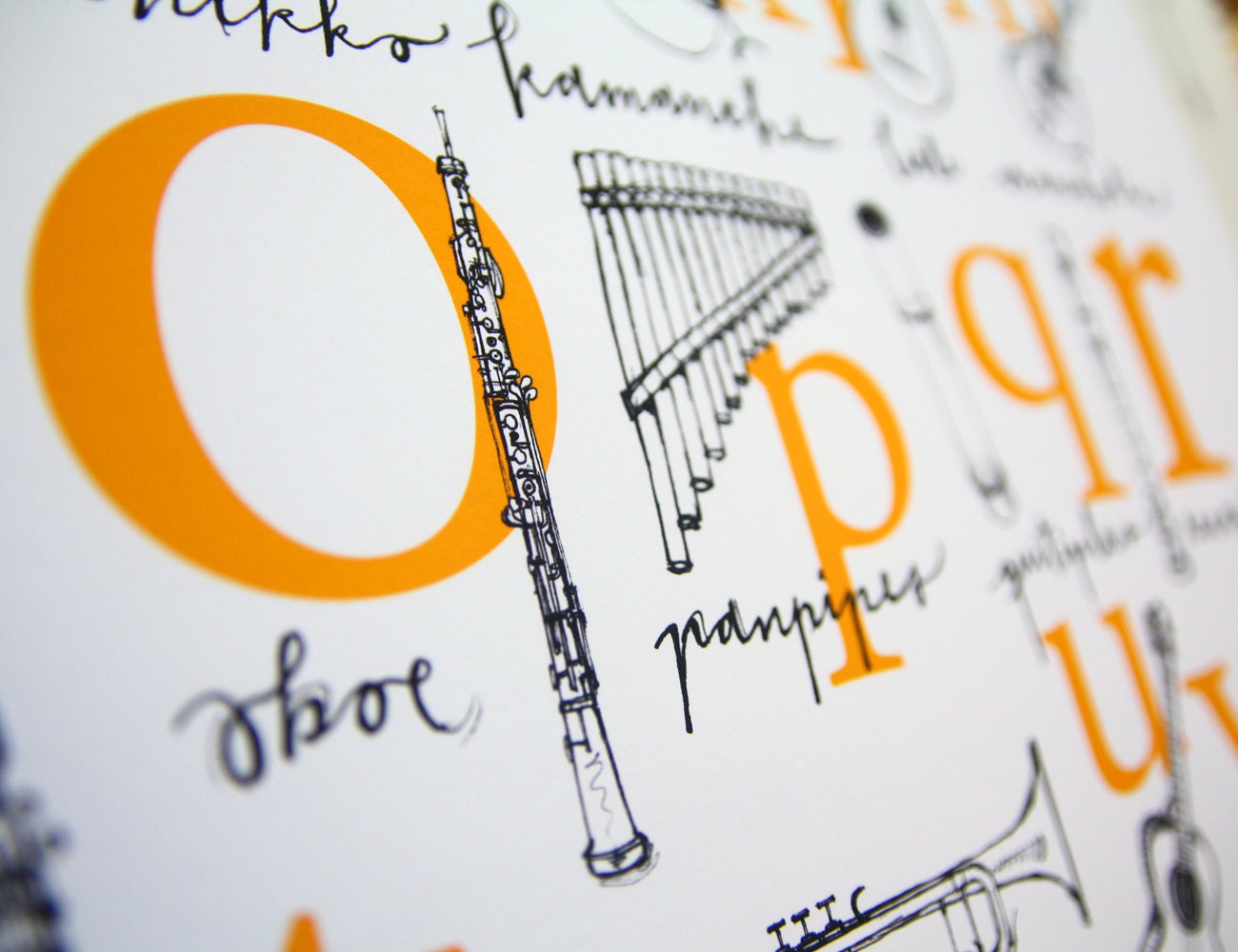Alphabet Poster: A to Z of Musical Instruments - 13x19, 12x18 Illustrated Print in four colors