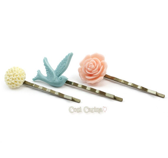 Spring Bobby Pins Set - Peach Blue and Ivory - Liliana