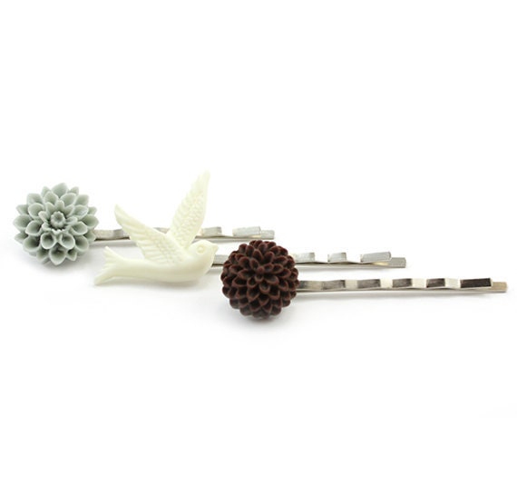 Bobby Pin Set - Hair Pins - Pale Blue, White and Brown - Aniela