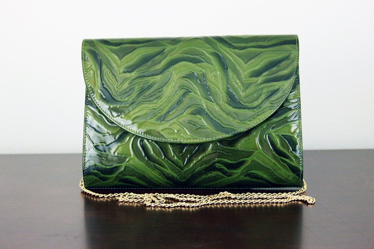 Vtg 70s Moss Green Vinyl Nature Print Purse/Clutch