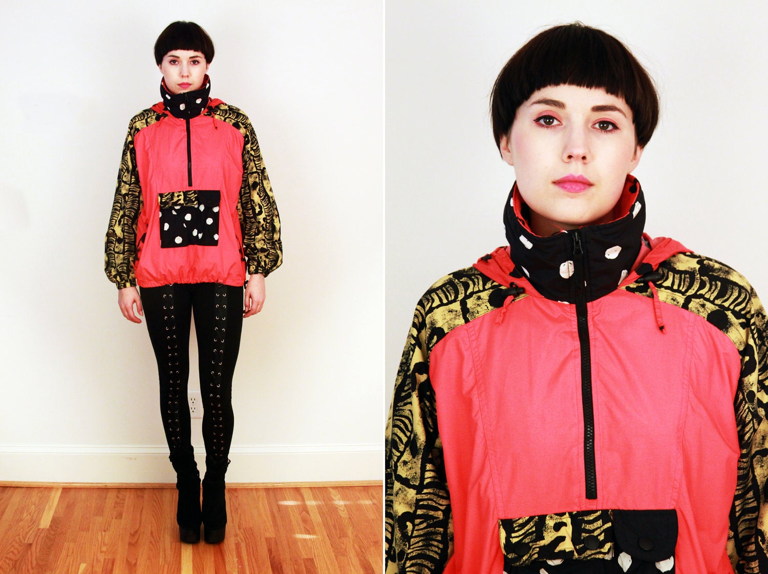 Vtg 80s Polka-Dot/Abstract Print Windbreaker Jacket S