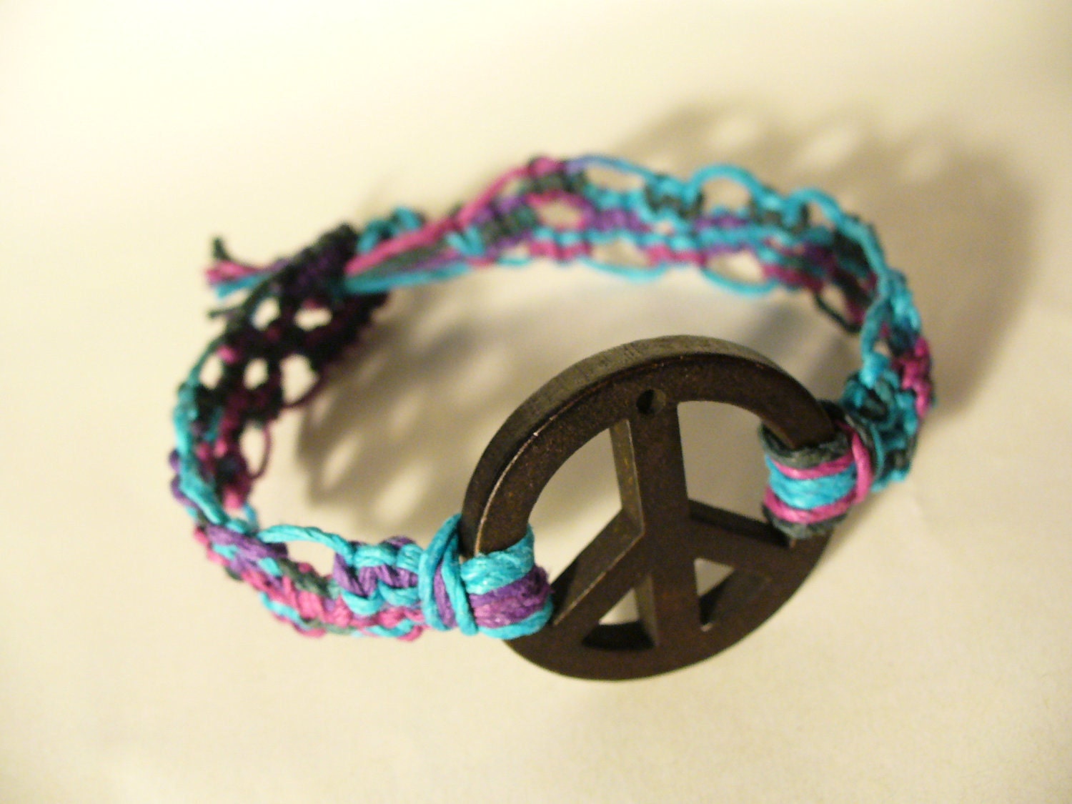 Hemp Jewelry Bracelet Purple Blue Black Hemp With Wooden Peace sign Center FREE SHIPPING