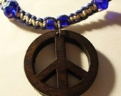Hemp Necklace Blue and white With wooden peace sign