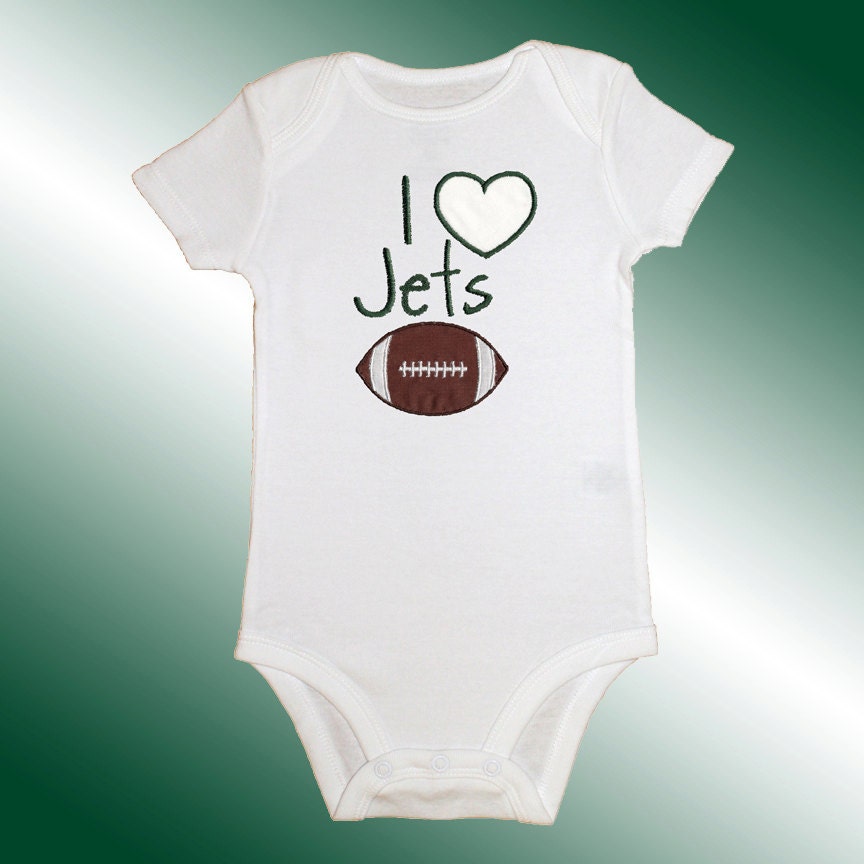Onesie Bodysuit Baby Shirt - I Love Jets Football Applique - Embroidered Short or Long Sleeved - Free Shipping