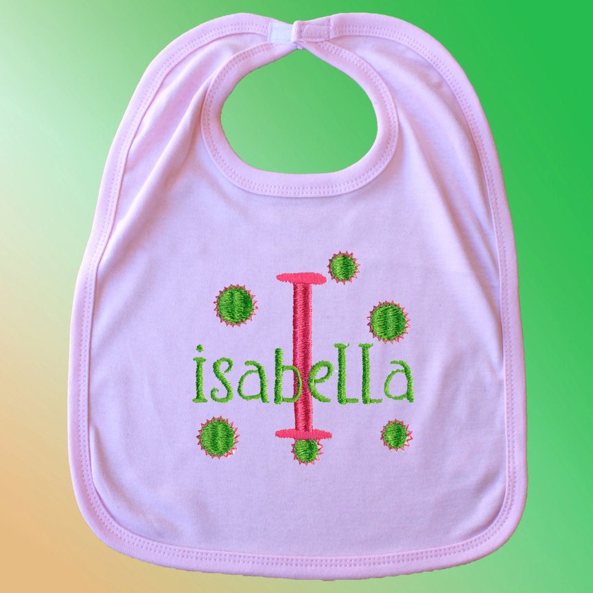 Personalized Embroidered PINK BABY BIB - Swirly Dots - Free Shipping
