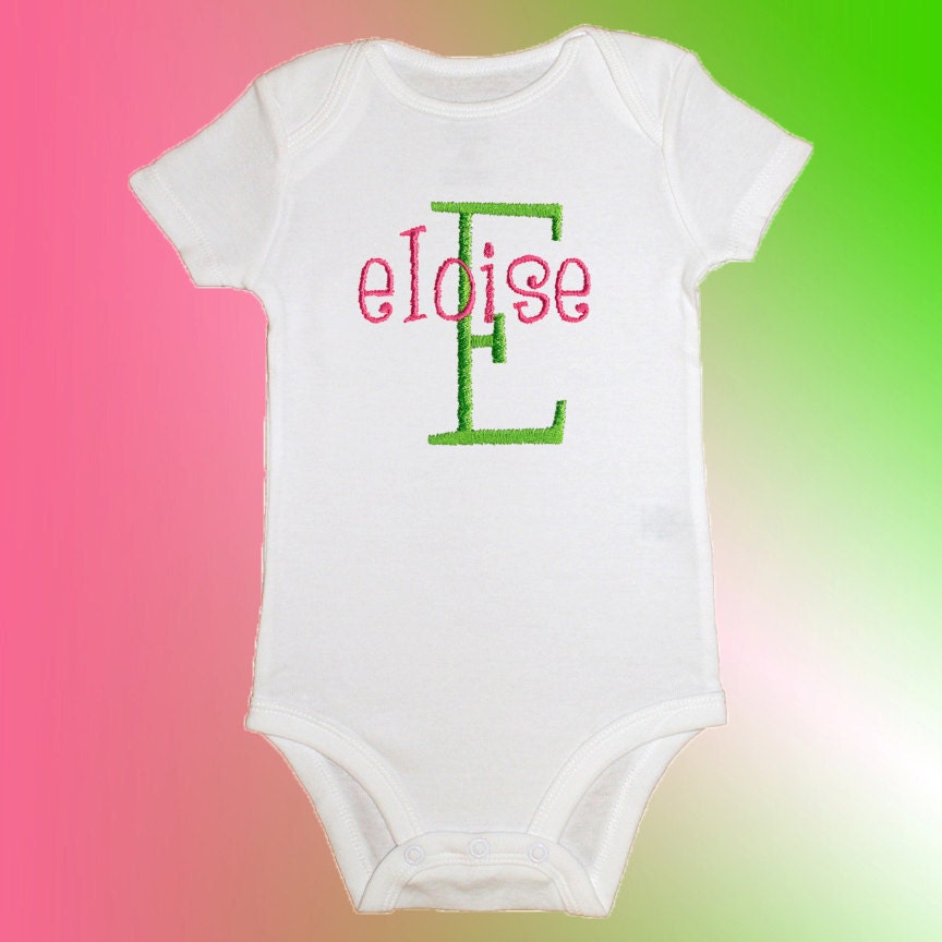 Onesie Baby Shirt - Personalized Monogram Name - Pink and Green - Embroidered Short or Long Sleeved - Choose Any Colors - Free Shipping