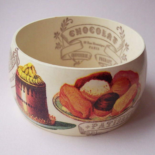 Wooden decoupaged bracelet with french motive - paris, white, cream, ivory, rustic, cake, cakes, chocolate, candy,