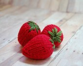 Strawberries - Waldorf Knit Food- Set of 3 - Natural / Eco Friendly Fibers - Pretend Play - Decoration - Berry Red - Green