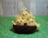 Waldorf Birds - Knit Chicks in Nest 4-Piece Set Natural Fibers Modern Nursery Soft Toy Yellow Amigurumi Chicks