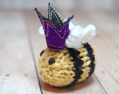 Queen Bee Brooch- Bumble Bee Lapel Pin - Knit - Crown - Mother's Day- Spring - Natural Fibers - Yellow - Black - Stripes - Purple