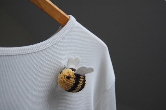 Bee Brooch- Bumble Bee Lapel Pin - Knit - Mother's Day - Easter - Spring - Natural Fibers - Yellow - Black - Stripes - Red - Crown
