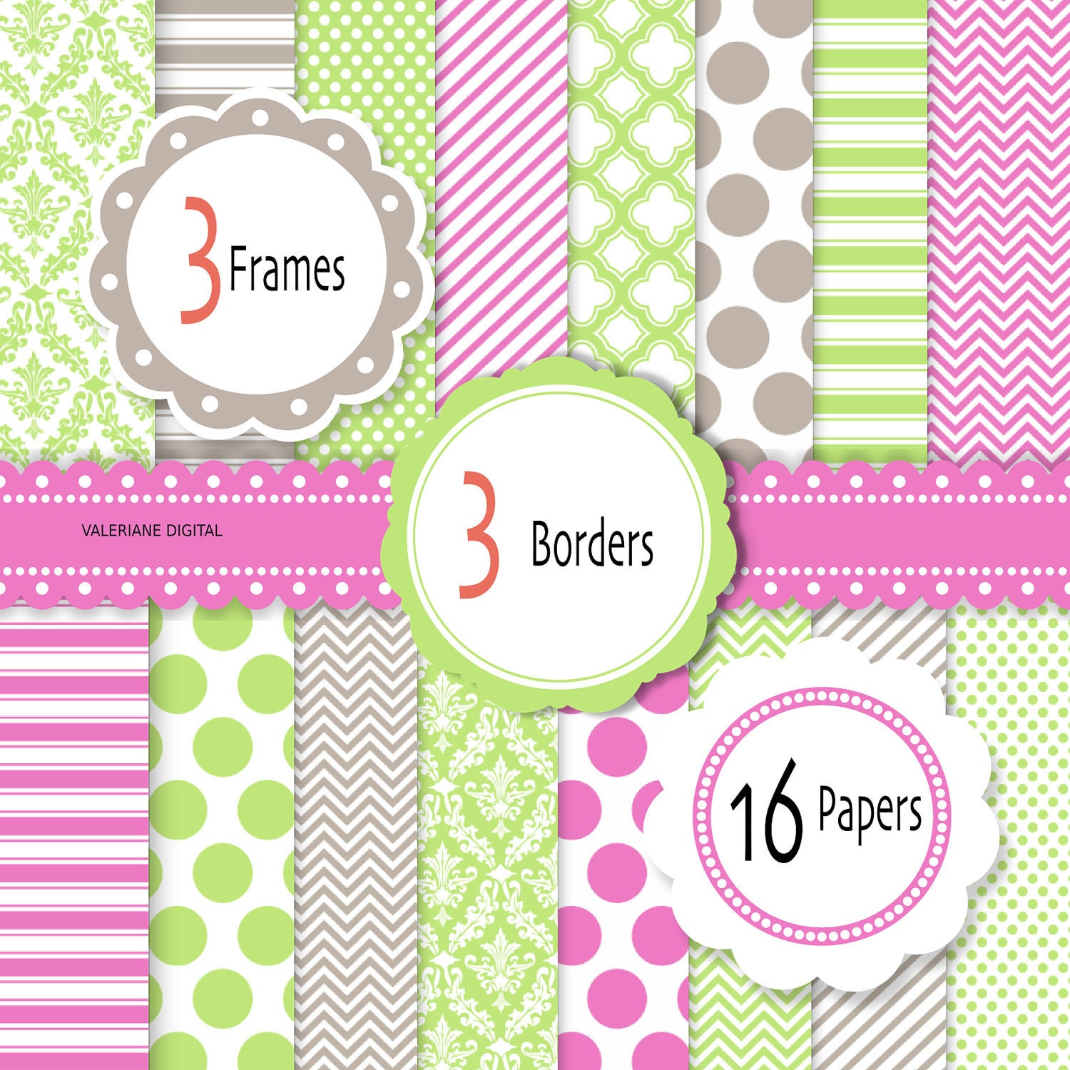 Lime pink and grey Digital scrapbook printable paper and clipart, INSTANT DOWNLOAD 16 sheets and 6 clip arts - Pack 222