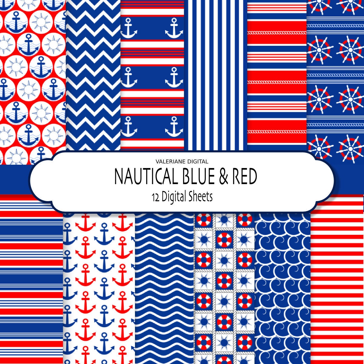 Blue and Red Nautical digital papers - INSTANT DOWNLOAD Pack 251