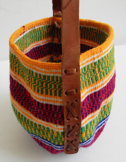 Vintage Navajo Woven Bucket Bag Leather Strap