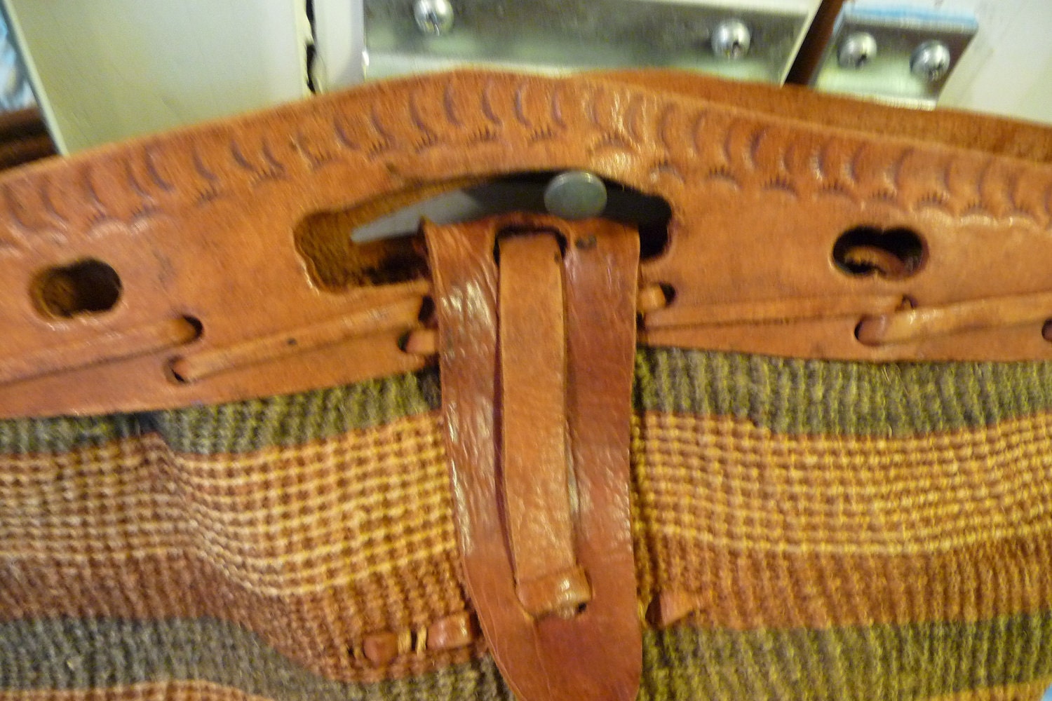 Vintage Large Woven Sisal Tote with Tooled Leather Flap - Jute Market Bag