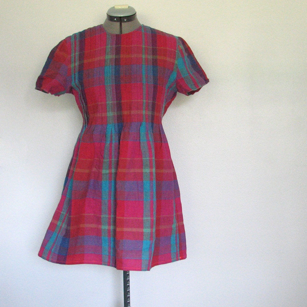 Vintage Plaid BABYDOLL Dress / Linen / Size Small - Medium