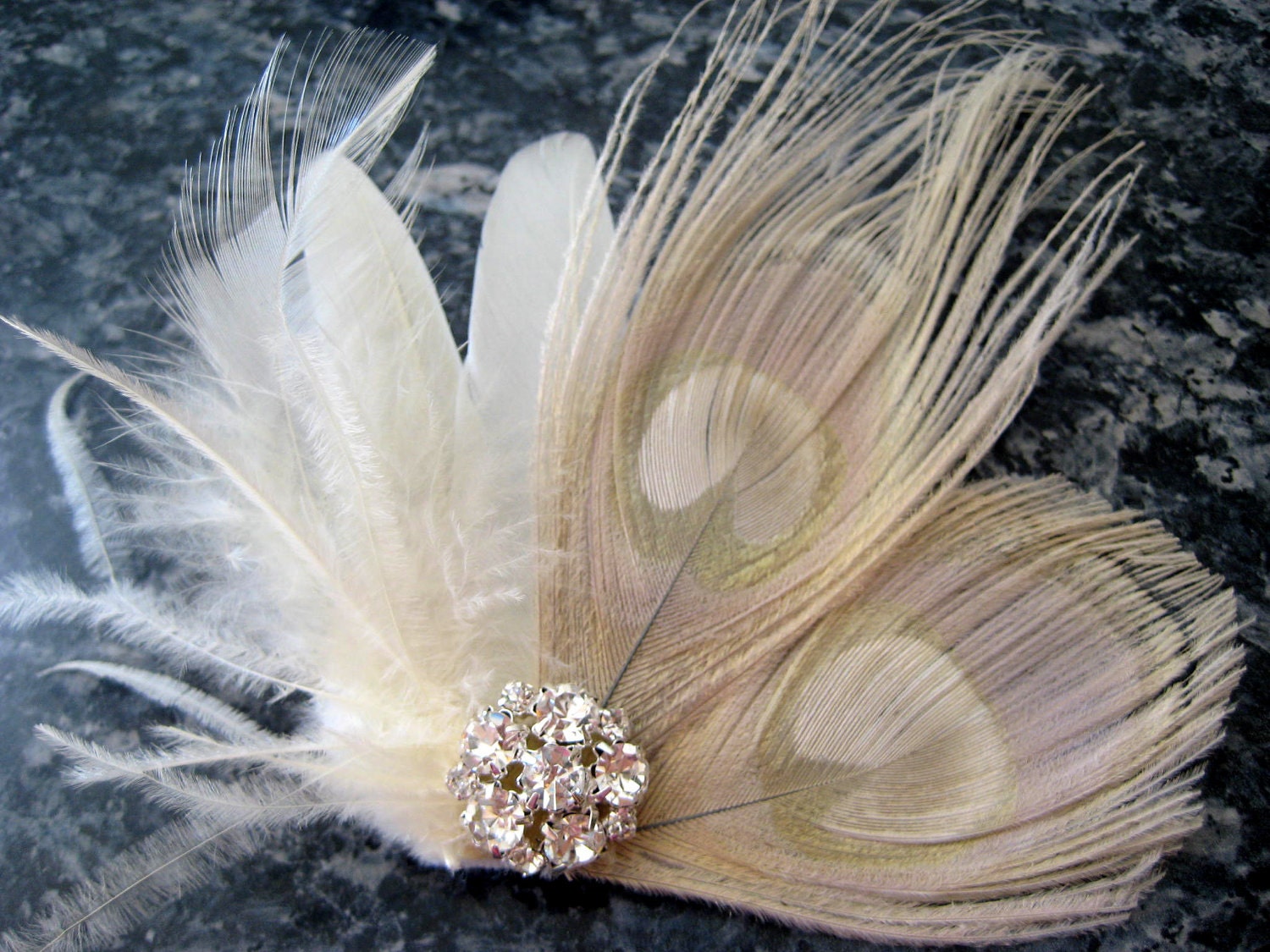 Wedding Bridal Ivory Champagne Peacock Feather Rhinestone Jewel Head Piece Hair Clip Fascinator Accessory