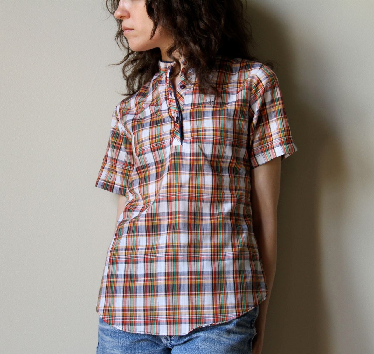 Plaid Tunic Top - vintage 70s 80s primary color Spring pullover preppy nerd shirt with blue piping