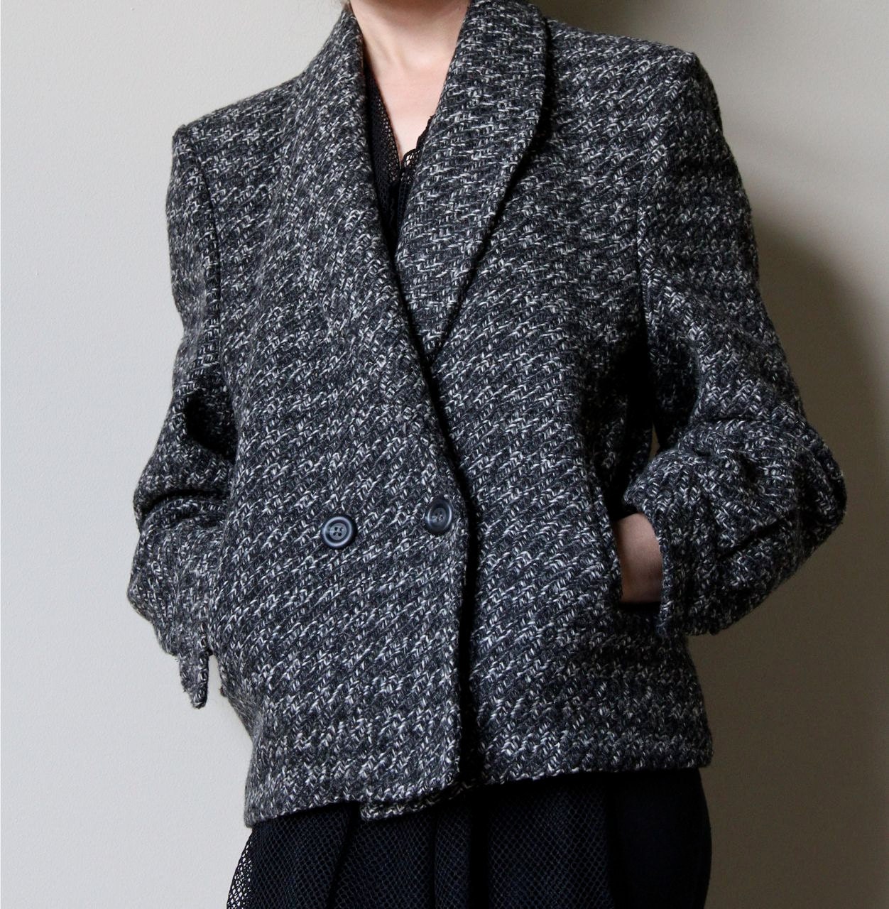 Dior Cropped Tweed Coat - vintage 80s heather grey tones wool coat, short boxy menswear fit, shawl collar