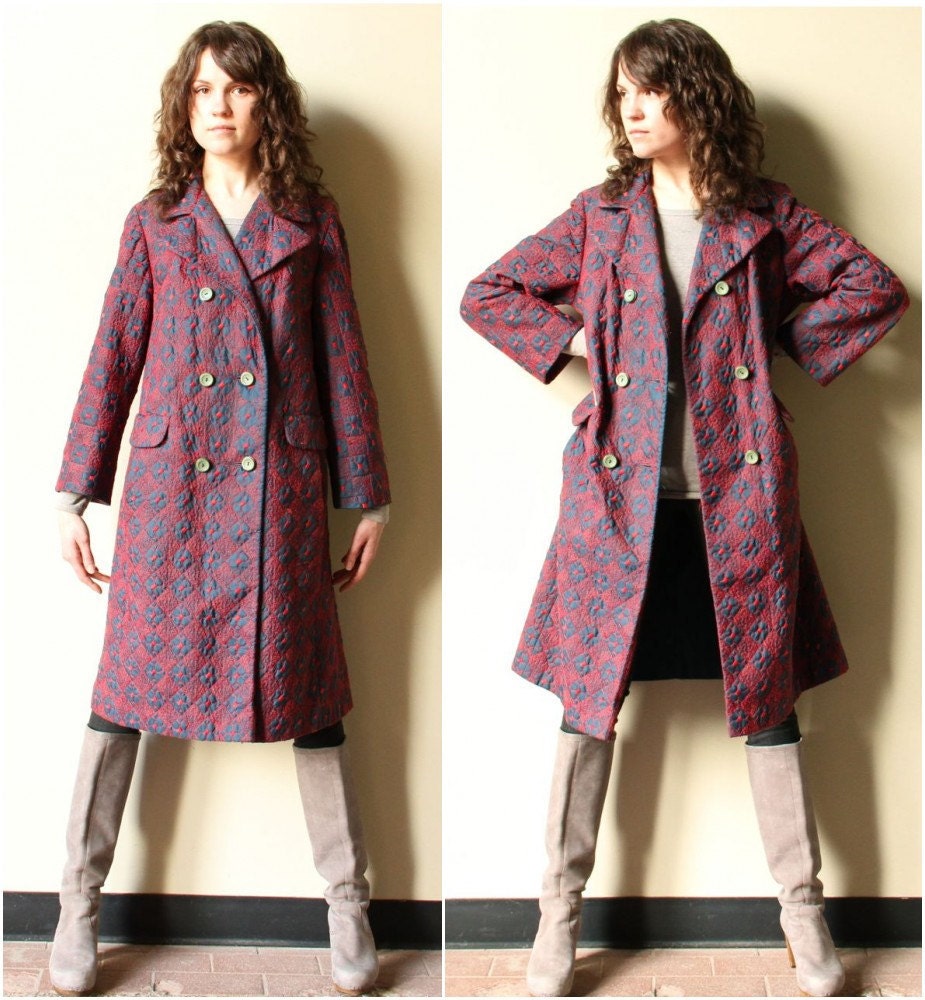 Navy & Red 60s Mod Coat - vintage Mad Men era preppy embroidered graphic geometric pattern double breasted jacket, all weather outerwear