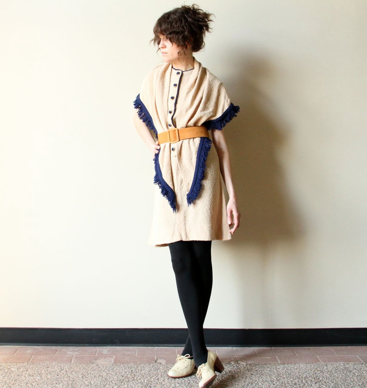 Mod 60s Sweater Dress - vintage boucle knit a-line shift & shawl, Jackie O Chanel style Mad Men office fashion, neutral camel tan, navy blue
