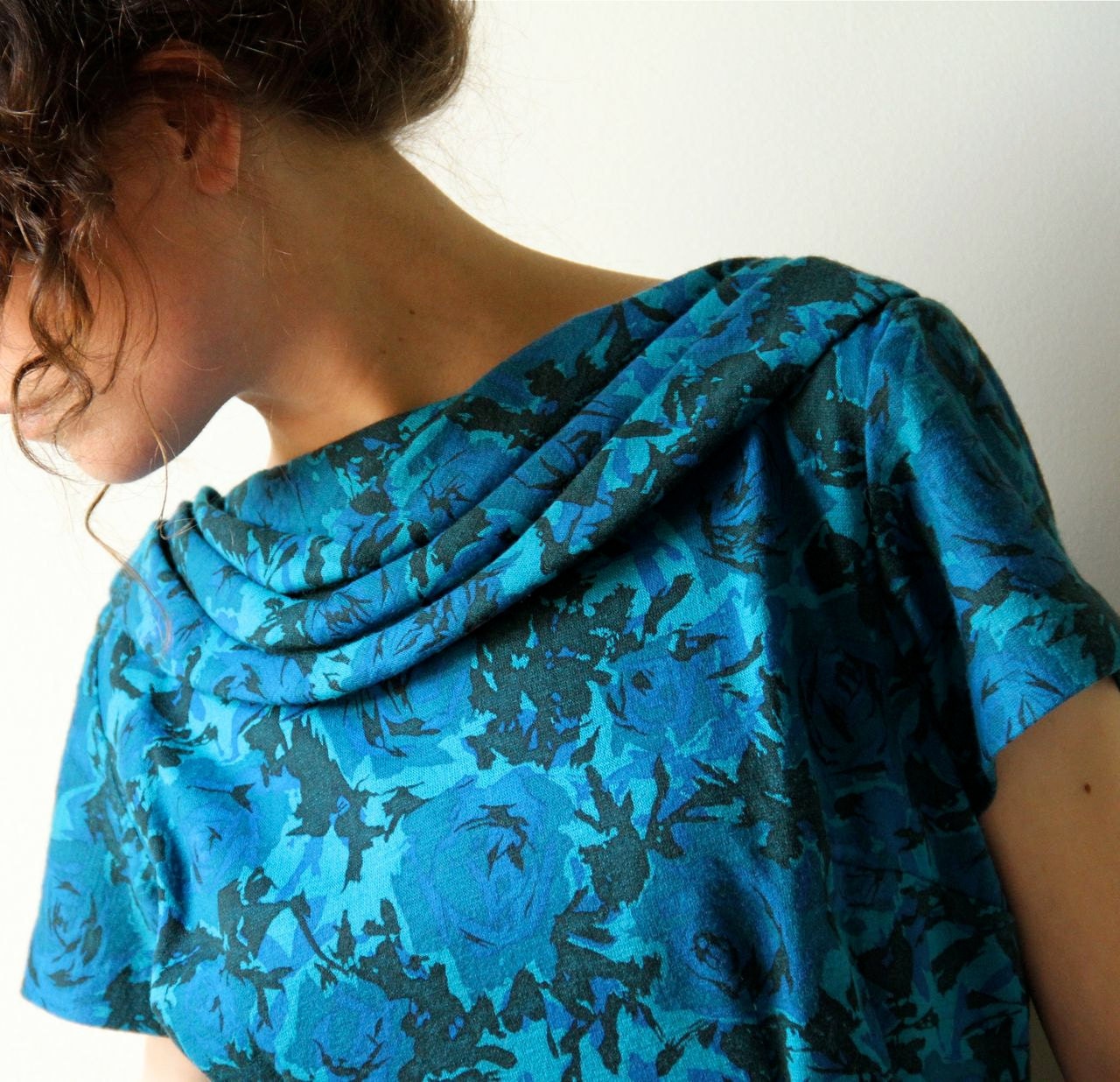 60s Cowl Neck Wiggle Dress - vintage teal aqua cornflower blue rose floral print, Mad Men office fashion bombshell pin up party frock