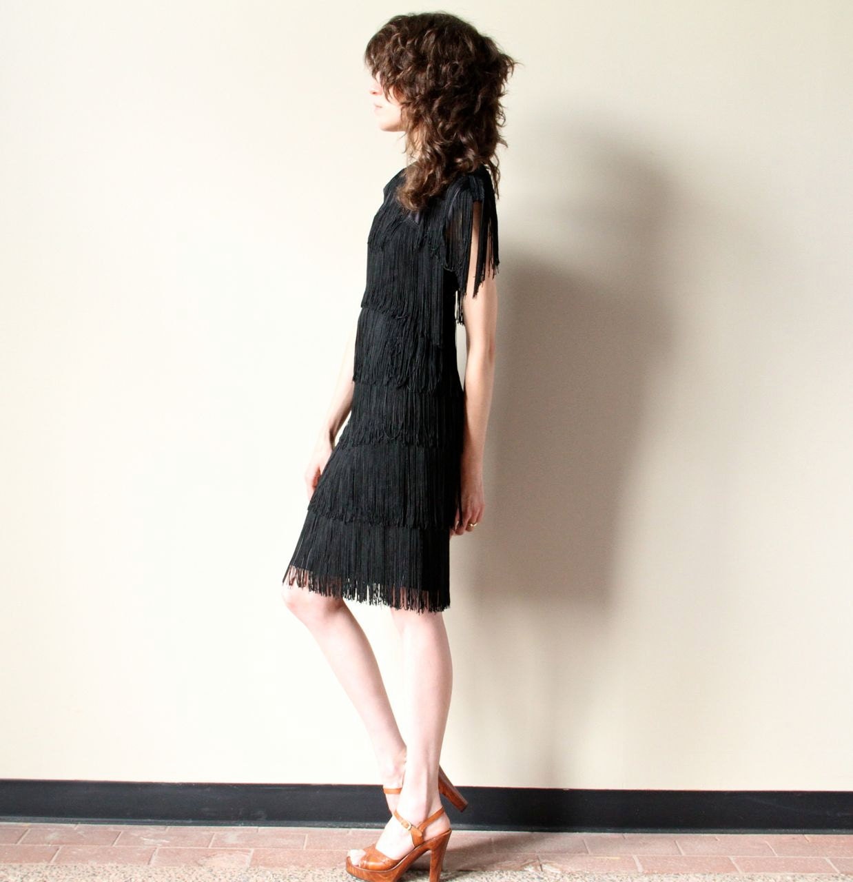 Fringe Flapper Dress - vintage 80s fully fringed little black dress, peekaboo keyhole, burlesque bombshell party frock