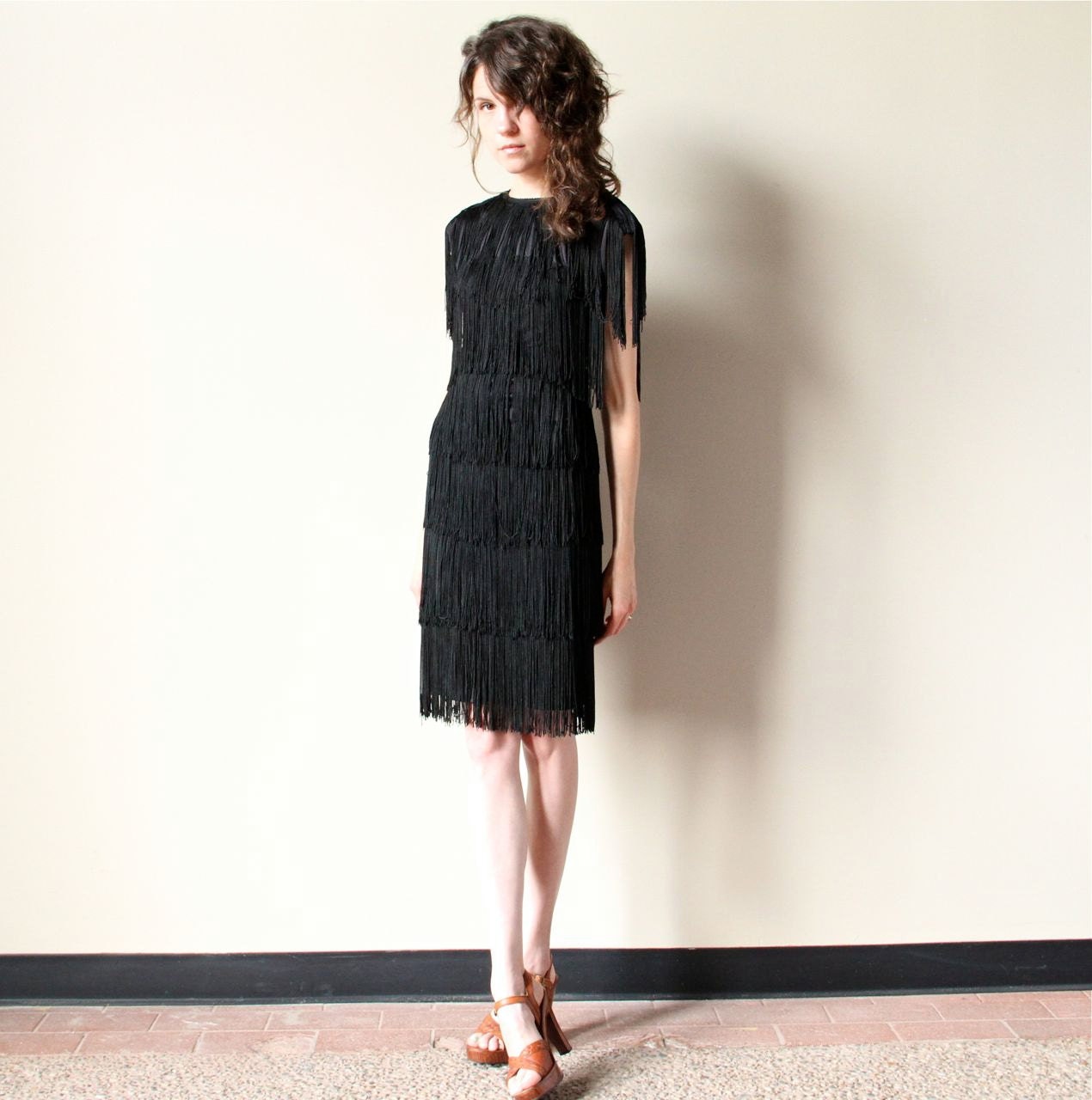 Fringe Flapper Dress - vintage 80s fully fringed little black dress, peekaboo keyhole, burlesque bombshell party frock