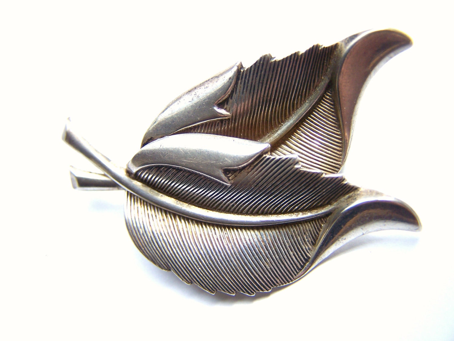 Vintage Signed Beau Sterling Double Leaf Brooch