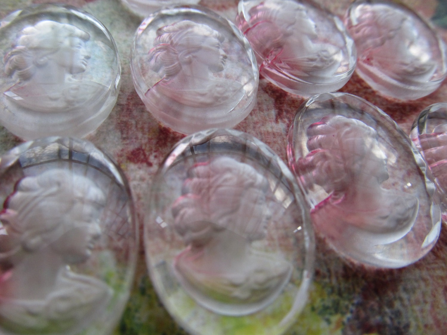 2 Vintage Glass Cameos with Pink Tint