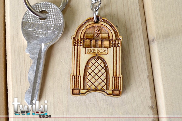 Laser cut and engraved Juke Box wood keyring