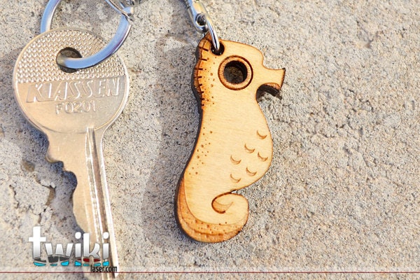 Laser cut and engraved Seahorse wood keyring