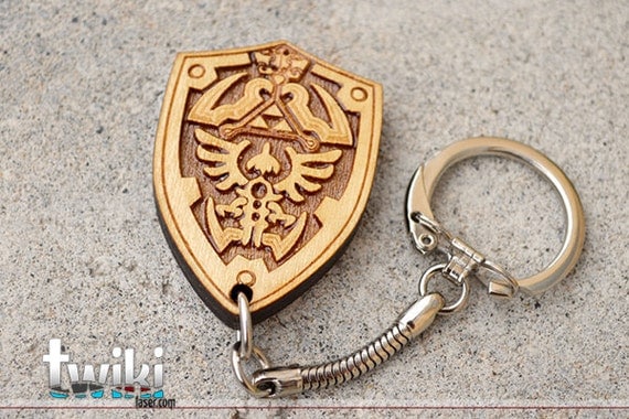 Laser cut and engraved Zelda Hylian Shield wood keyring