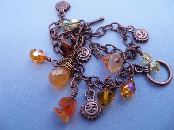 Antiqued Bronze Charm Bracelet, Sun Charms, Earth Tones, Carnelian Gemstones, 8 inches long