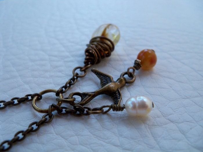 Antiqued Bronze Necklace with Galaxy Quartz, Pearl, Red Aventurine and Sparrow Charms, 18 inches long