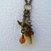 Antiqued Bronze Necklace with Galaxy Quartz, Pearl, Red Aventurine and Sparrow Charms, 18 inches long