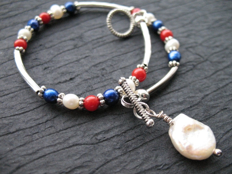 Fourth of July Bracelet, Red, White and Blue Pearls and Silver