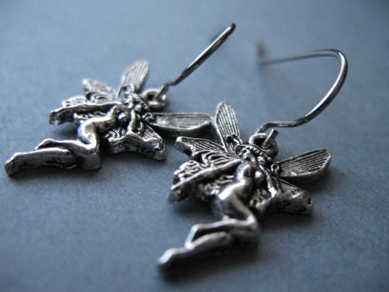 Antiqued Silver Fairy Earrings, Hypoallergenic, Surgical Stainless Steel